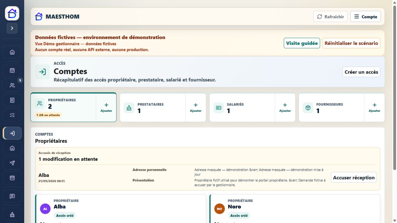 Comptes fictifs MAESTHOM répartis entre propriétaires, prestataires, salarié et fournisseur.