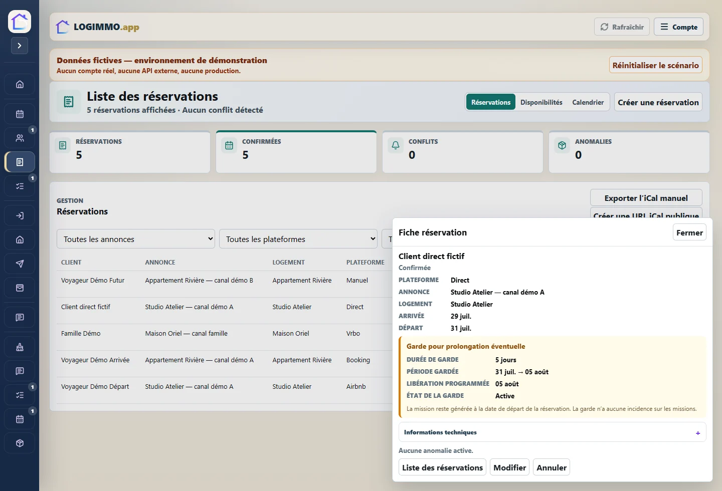 Réservation directe MAESTHOM fictive avec dates de séjour et garde séparée.